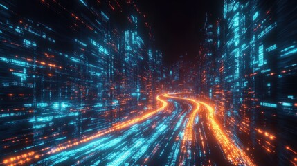 Futuristic Cityscape with Speeding Hyperloop and Neon Lights in Dynamic Cyberpunk Style