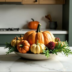 Autumn pumpkin and greenery arrangement on marble top, kitchen decor, table centerpiece, marble