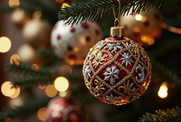 Red Christmas Ornament with Gold and Silver Embellishments on Fir Tree Branch