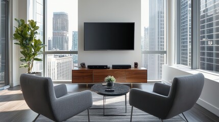 A modern living room featuring a beige sectional sofa and coffee table, positioned in front of large windows offering a city view.