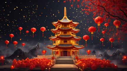 Fototapeta premium Epic Chinese New Year Wallpaper with Dragons, Koi Fish, and Asian Culture in Vibrant Red and Gold Tones