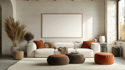 A modern living room featuring a beige sectional sofa and coffee table, positioned in front of large windows offering a city view.