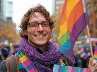 trans individual smiles confidently while holding placard displaying their chosen name. They wear colorful outfit surrounded rainbow themed decorations symbolizing pride.