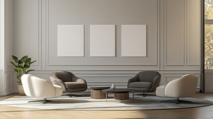 A modern living room featuring a beige sectional sofa and coffee table, positioned in front of large windows offering a city view.