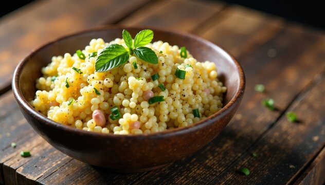 Bowl of cracked freekeh grain on wooden table, crackled, wood