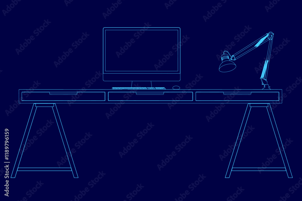 Poster computer desk with a monitor and keyboard on it. the desk is blue and has a lamp on it