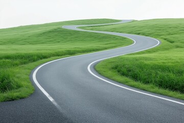 Obraz premium Empty winding road through rich green field. Pathway curves gently through vibrant grass. Smooth asphalt road stretches into horizon. Serene, tranquil rural landscape. Ideal for travel, journey