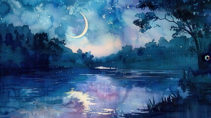 A serene night landscape featuring a moonlit river and tranquil reflections in a watercolor style.