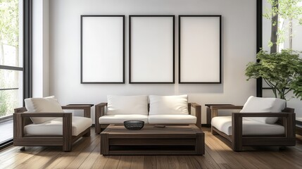 A modern living room interior featuring empty posters on the wall, wooden flooring, and stylish furniture.