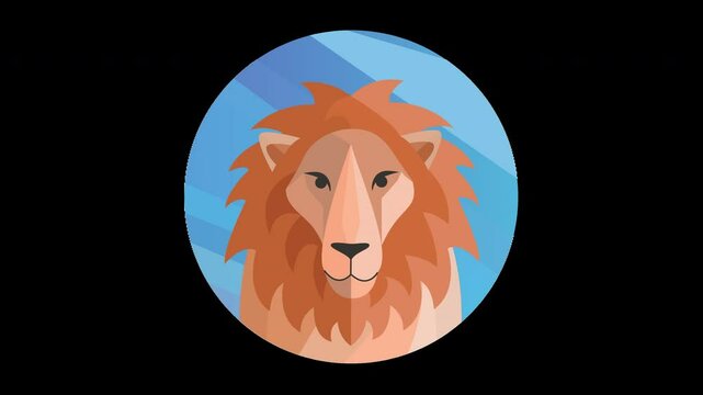 A stylized lion with a flowing mane against a blue background, depicting a flat design concept.