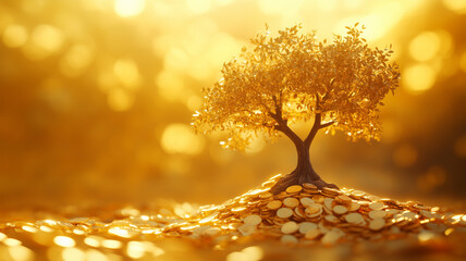 明るい背景に映えるコインの山と根付く小さな木、成長を象徴する鮮明なイメージ