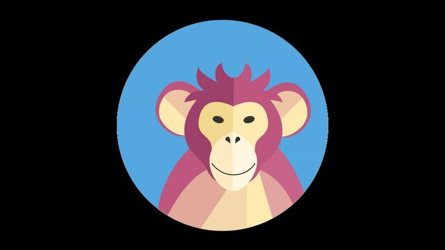 A cheerful cartoon monkey head with pink and cream colors set against a blue background.