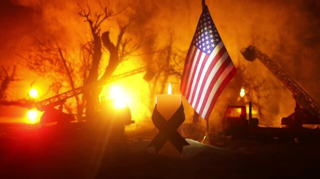 A tabletop diorama of a tragic California wildfire, set in Pacific Palisades near Malibu. Dramatic flames and smoke rise as firefighters battle the blaze, symbolizing climate change&rsquo;s impact.