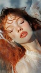 Fototapeta premium Redhead Woman Portrait: Sunlit Beauty and Soft Elegance