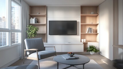 Fototapeta premium A modern minimalist living room with a neutral color palette, showcasing a large beige sectional sofa, a glass coffee table, and a sleek fireplace set against a pristine white wall.