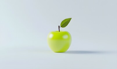 Single green apple with leaf on white background.