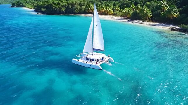 Catamaran sailing tropical island beach