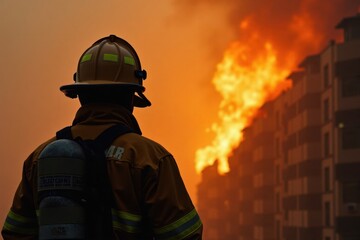 A firefighter stands with his back to the camera, looking at a massive blaze consuming a building. His helmet reflects the orange flames, and smoke rises in the background.