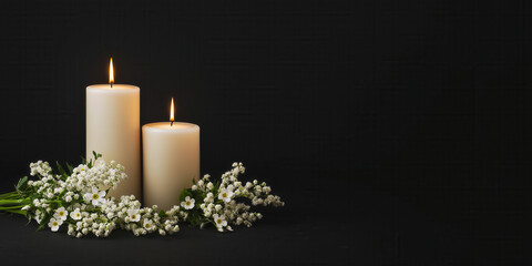 Burning Candles And Lily Flowers On Black Background With Copy Space. Funeral Concept The Emotional Relief Of Pre-Arranging A Funeral.