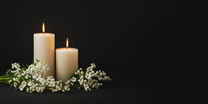 Burning Candles And Lily Flowers On Black Background With Copy Space. Funeral Concept The Emotional Relief Of Pre-Arranging A Funeral.