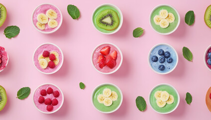 A vibrant flat lay featuring colorful smoothie bowls topped with various fruits.