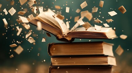 Books in Motion with Pages Flying from Open Volume, Capturing a Sense of Knowledge and Imagination in Action