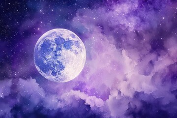 Obraz premium A serene night sky featuring a large moon surrounded by purple and blue clouds.