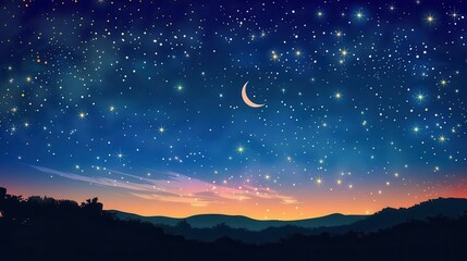Naklejka premium A serene night sky filled with stars and a crescent moon over rolling hills at dusk.