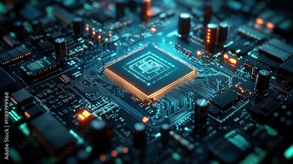 Poster futuristic digital circuit board with glowing microchip and intricate technology design
