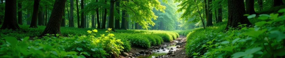 Dense forest on right, narrow trail amidst greenery, ditch, trees, greenery
