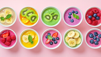 A vibrant flat lay featuring colorful smoothie bowls topped with various fruits.