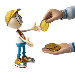 A cartoon character joyfully extends hands to receive golden coins offered by another hand highlighting a playful exchange of currency