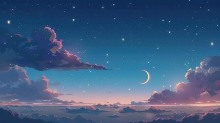 Fototapeta premium A serene night sky with clouds, stars, and a crescent moon, evoking tranquility and wonder.