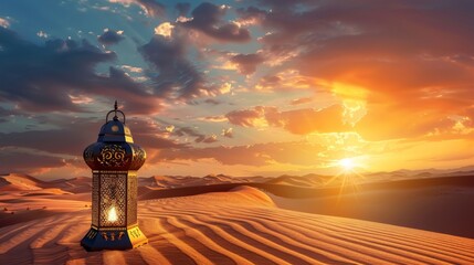 Magnificent Sunset over Sahara Desert with Ornate Lantern