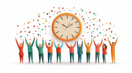 Celebration of Time with Diverse Group of People Cheering Around a Large Clock Surrounded by Confetti