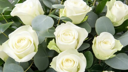 Fototapeta premium A brides bouquet featuring white roses and eucalyptus leaves.