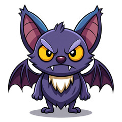 Colorful representation of an angry cute bat stands full body against a blank background showcasing its expressive facial features and unique design