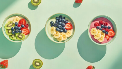 A vibrant flat lay featuring colorful smoothie bowls topped with various fruits.