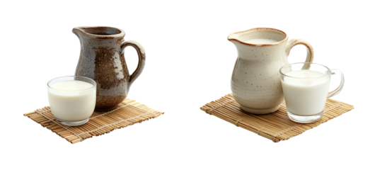 Rustic Milk Jugs with Glass on Bamboo Mat