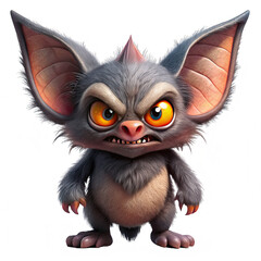 An angry cute bat with vibrant orange eyes and fluffy grey fur appears full body on a plain background exuding a fierce yet adorable demeanor
