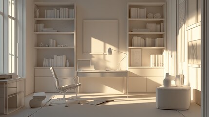 Sunlit minimalist home office, bookshelves, desk, chair, artwork, morning light, interior design mockup