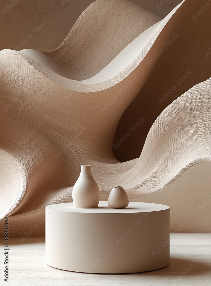 Poster minimalist 3d display podium with elegant silk curtain and soft paper waves for luxury cosmetic pres