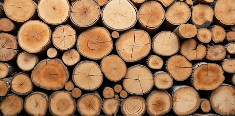 Natural pile of wood logs background arranged in a symmetrical stack. Highlighting organic patterns. Perfect for industrial and decorative use