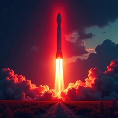 Fiery red glow on the horizon as rocket's engines roar to life, red rocket launching, heat wave, fire