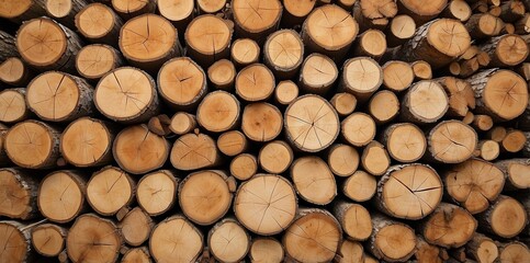 Natural pile of wood logs background arranged in a symmetrical stack. Highlighting organic patterns. Perfect for industrial and decorative use