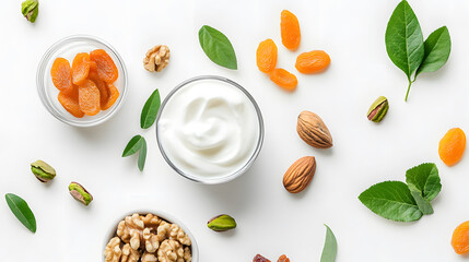 Healthy breakfast ingredients: yogurt, dried apricots, walnuts, almonds, pistachios, and raisins.  Perfect for a nutritious and delicious start to your day.