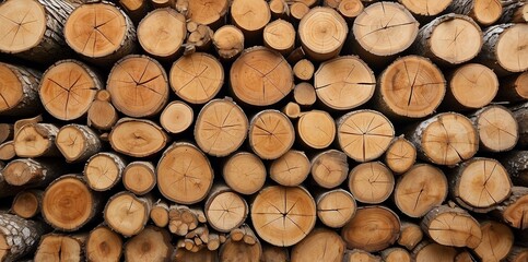 Natural pile of wood logs background arranged in a symmetrical stack. Highlighting organic patterns. Perfect for industrial and decorative use