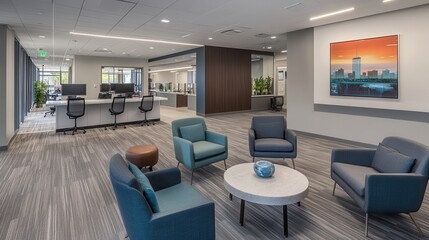 A modern open-space office featuring a sophisticated color palette of gray and blue, complemented by a stylish poster on the wall.