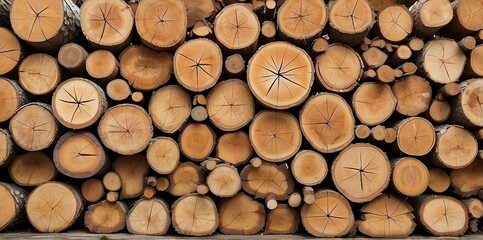 Natural pile of wood logs background arranged in a symmetrical stack. Highlighting organic patterns. Perfect for industrial and decorative use