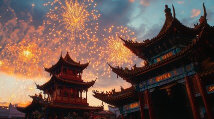 Fototapeta premium A fireworks display over a Chinese temple during New Year celebrations.